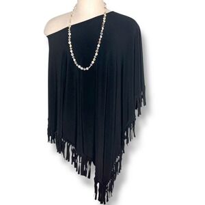 Attitudes by Renee Poncho Top 2X/3X Black Fringe Asymmetrical Boho Boat Neck